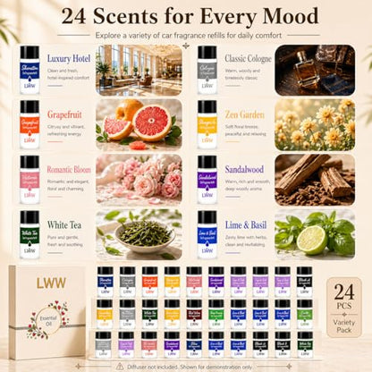 Car Air Freshener Diffuser Refills, 24 PCS 10ml Essential Oils Mixed Fragrance Set, Long Lasting Car Fragrance Oil Replacement for Car Diffusers, No Diffuser Included - color: Xxj-24pcs