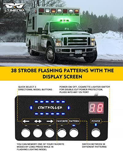 LUMENIX 42 LED Roof Top Strobe Beacon Light Bar Hazard Warning Emergency Flashing Plow Lights with Controller for Construction Vehicles Tow Trucks Snowplow Postal Cars White Green (Patent Design) - color: White Green