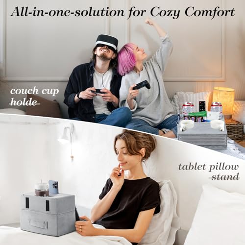 Luxspire Couch Cup Holder, Couch Caddy with 8 Holes and Side Pocket, Couch Cup Holder Tray for iPad/Drinks/Remote Control/Snacks Holder, Gray - color: Larger Gray