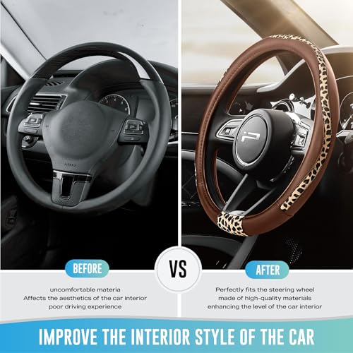 Road Comforts Steering Wheel Cover - Made with PVC Leather and Leopard Fabric - Universal 14 1/2 inches to 15 inches for Most Automotive Steering Wheel - Cheetah Print - Brown - color: Round-Brown