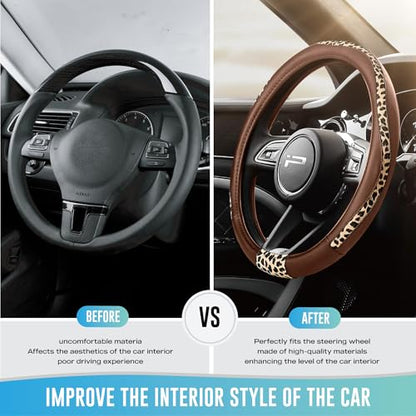 Road Comforts Steering Wheel Cover - Made with PVC Leather and Leopard Fabric - Universal 14 1/2 inches to 15 inches for Most Automotive Steering Wheel - Cheetah Print - Brown - color: Round-Brown