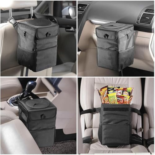Car Trash Can with Lid and Storage Pockets - 100% Leak-Proof Organizer, Multipurpose Trash Bin for Car, Black