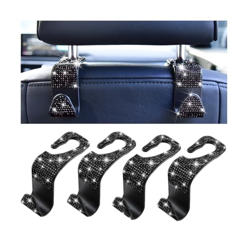 Mandark 4PCS Bling Car Seat Headrest Hooks, Crystal Rhinestone Vehicle Seat Back Hanger for Grocery Purses Handbags, Diamond Auto Seatback Storage Organizer Hanger, Universal for Most Cars (Black) - color: Black