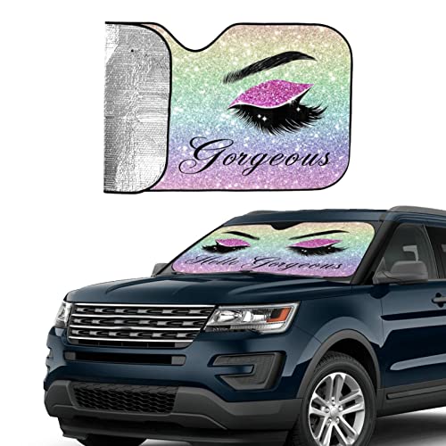 Car Windshield Sun Shade Glittering Purple Eyelash Car Front Sunshade for Most Sedans SUV Truck Auto Sun Blocker Visor Blocks UV Rays Keeps Your Vehicle Cool-55 x 29.9 Inch - color: Hello Gorgeous