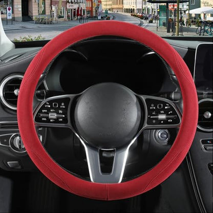 14 inch Red Suede Steering Wheel Cover, Breathable Non-Slip Sweat-Proof Wear-Resistant No Pilling, Warm in Winter and Cool in Summer - color: Red, size: Round-S[13.5''-14'']