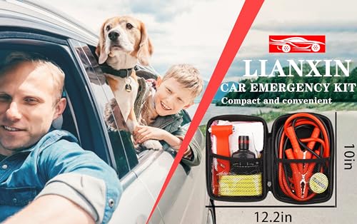 LIANXIN Car Roadside Emergency Kit, with Jumper Cables Automotive Kit,Car Safety Roadside Assistance Kit Headlamp,Tow Straps, Safety Hammers, Rainwear, Gloves.Black - color: Black