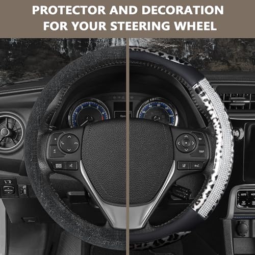 AUTOYOUTH Leopard Steering Wheel Cover - Bling Crystal Rhinestones Cheetah Print on Leather Non-Slip Breathable Design for Women/Girls Universal Fit 14.5-15 Inch(Black & Silver) - color: BLACK SILVER
