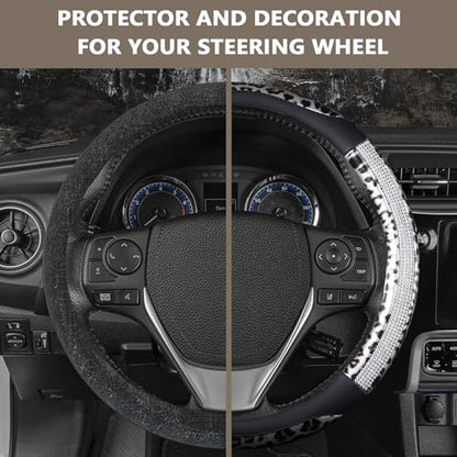 AUTOYOUTH Leopard Steering Wheel Cover - Bling Crystal Rhinestones Cheetah Print on Leather Non-Slip Breathable Design for Women/Girls Universal Fit 14.5-15 Inch(Black & Silver) - color: BLACK SILVER