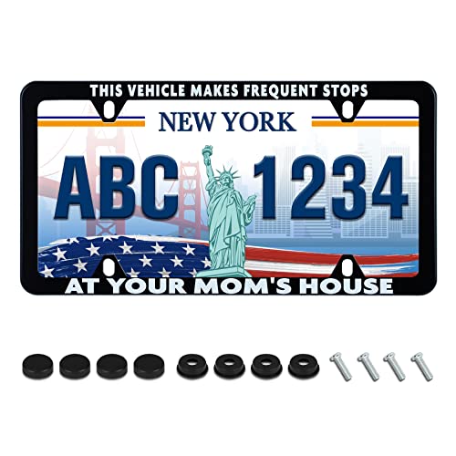 Funny License Plate Frame This Vehicle Makes Frequent Stops at Your Moms House License Plate Holder Humorous Text Stainless Steel Auto Parts Decoration with Screws for Men Women - color: This Vehicle Makes Frequent Stops At Your Moms, size: 1 Pack