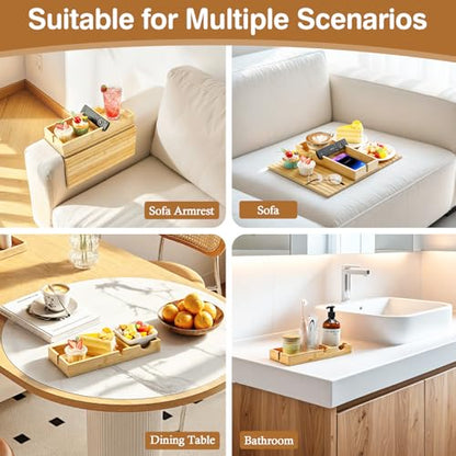 Luxspire Couch Armrest Table, 2-in-1 Magnetic Detachable Sofa Arm Tray with Cup Holder and Phone Holder, Foldable Bamboo Couch Cup Holder for Remote Controls, Phones, Snacks, Cups, Burlywood - color: Burlywood
