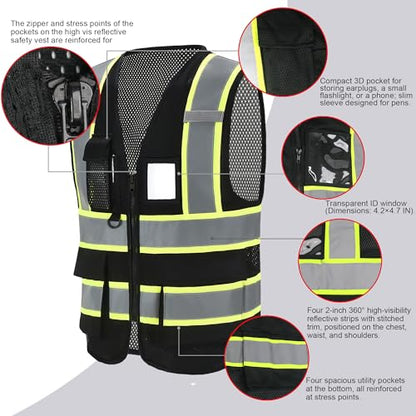 A-SAFETY Mesh High Vis Vest Lightweight Reflective Construction Vest with Pockets Safety Vest for Men/Women - color: Dz-black, size: Large