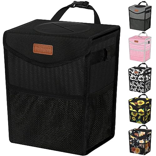 Pritent Car Trash Can with Lid, Cute Leakproof Car Trash Garbage Bag Hanging Vehicle Trash Bin Small Portable Automotive Garbage Cans Organizer for Back/Front Seat/Console(2.8 Gallons,Black) - color: Black, size: 2.8 Gallons
