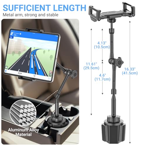 Car Tablet Holder for Cup Holder, Metal Long Arm 360° Rotation Tablet Mount for Truck Golf Treadmill, Fit Thickness Case (Deep Max 1.18'') for iPad Pro/Air/Mini, Galaxy Tab & 6.1-15.6" Devices