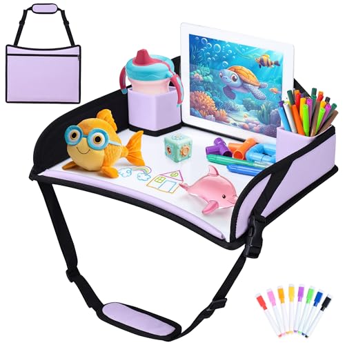 Kids Travel Tray for Toddler Carseat, Road Trip Activities Essentials for Toddler, Kids Lap Desk Tray with Tablet Holder Stand ＆ Dry Erase Board (Purple) - color: Purple