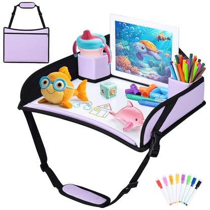 Kids Travel Tray for Toddler Carseat, Road Trip Activities Essentials for Toddler, Kids Lap Desk Tray with Tablet Holder Stand ＆ Dry Erase Board (Purple) - color: Purple