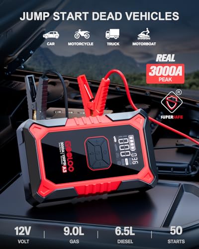 GOOLOO A3 Jump Starter with Air Compressor, 3000A Portable Car Battery Booster (9.0 Gas/6.5L Diesel) with 150PSI Auto-Shutoff Tire Inflator, 12V Supersafe Lithium Jump Box Car Battery Jumper Starter - color: Red