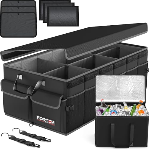 FORTEM Trunk Organizer with Cooler For SUV Car Trunk, Foldable Storage, Car Accessories for Women Men, Collapsible Bag, Perfect Christmas Gifts, 600D Oxford, Non Slip Bottom, Straps, Soft Cover (105L) - color: Black, size: XXL (105L)
