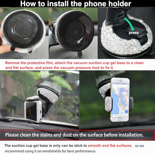 SUNCARACCL Bling Car Phone Holder, 360°Adjustable Universal Rhinestone Crystal Auto Phone Mount Stand Accessories for Windshield Dashboard and Air Outlet (White) - color: White