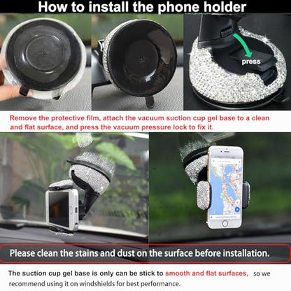 SUNCARACCL Bling Car Phone Holder, 360°Adjustable Universal Rhinestone Crystal Auto Phone Mount Stand Accessories for Windshield Dashboard and Air Outlet (White) - color: White