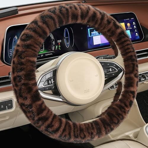 Fluffy Cheetah Car Steering Wheel Cover Luxurious Faux Fur Leopard Print Cute Wheel Protector Universal 15 Inch Fit for Vehicle, Car, Auto, SUV Winter Warm (Coffee) - color: Coffee