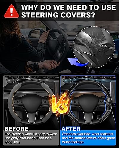 Shademax for Tesla Steering Wheel Cover Tesla Model Y/3 2017-2025 2026 (Fit Model Y Juniper 2026/ Model 3 Highland) Carbon Fiber Steering Wheel Cover Protector Anti-Slip Model Y/3 Accessories (Black) - color: A-Black (Carbon Fiber )