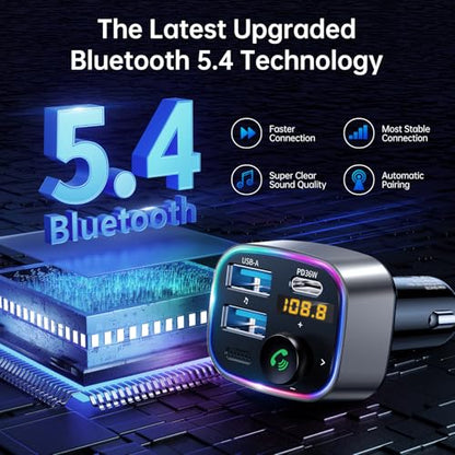 Syncwire Bluetooth 5.4 FM Transmitter Car Adapter 48W (PD 36W & 12W) [Light Switch] [Hi-Fi Deep Bass] [Fast Charge] Wireless Radio Music Adapter LED Display Hands-Free Calling Support USB Drive - color: Silver, style: 48W