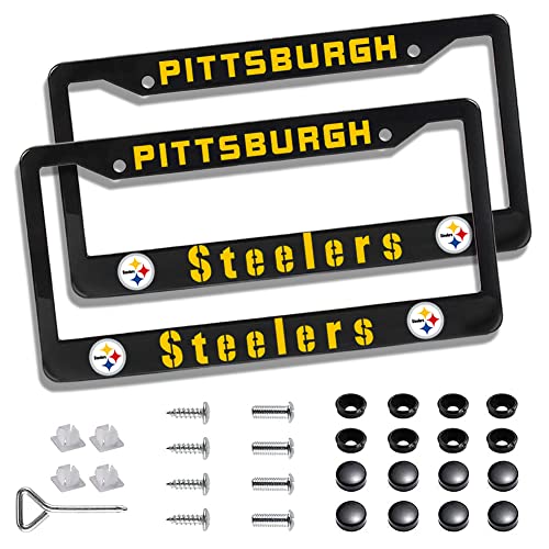 2 Piece License Plate Frames for Steelers Fans, Anti-Dirty and Rustproof Aluminum Alloy License Plate Frames US Standard License Plate Holder with Screw Caps Set (S-Black) - color: S-Black