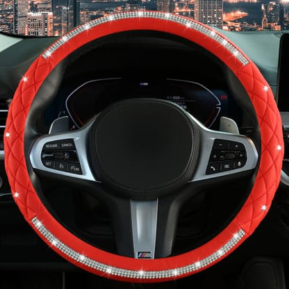 Diamond Steering Wheel Cover，with Bling Crystal Rhinestone, Delicate and Anti-Slip Sparkly Steering Wheel Cover ，Adaptable to 14.5-15 inches Car Wheel Protector for Women Girl，Car Accessories, Red - color: Red