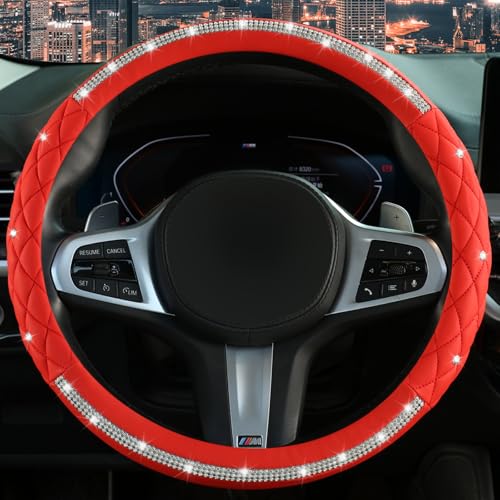 Diamond Steering Wheel Cover，with Bling Crystal Rhinestone, Delicate and Anti-Slip Sparkly Steering Wheel Cover ，Adaptable to 14.5-15 inches Car Wheel Protector for Women Girl，Car Accessories, Red - color: Red