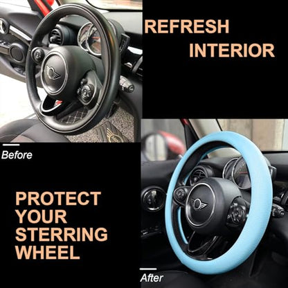 PINCTROT Large Size Nappa Leather Steering Wheel Cover, Slim Fit No Bulk Design, One Piece Leather with Breathable Perforation, Fit Like Gloves, 15.5-15.75 Inch(Nappa Aqua) - color: 10.Aqua, size: Large Size[15 1/2''-15 3/4'']