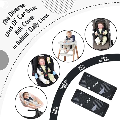 INFANZIA Car Seat Strap Covers for Infants Babies, Soft Carseat Shoulder Pads for Kids, Double-Sided Use Seatbelt Cushion Covers for Stroller, Pushchair & High Chair (Black) - color: Black