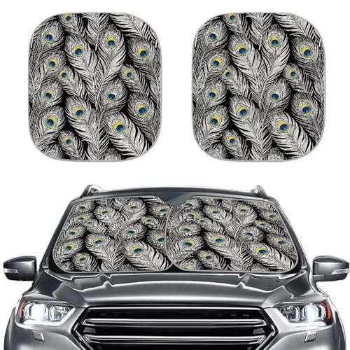 Peacock Feather Car Sun Shade with Reflective Fabric Blocks Sun and Keeps Your Vehicle Cool Foldable Quickly Install Two Pieces Windshield Sun Shade Universal Fit Hatchback SUV Truck Van - color: Black Peacork Leather