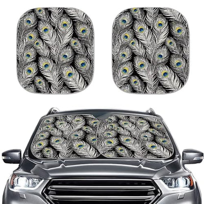Peacock Feather Car Sun Shade with Reflective Fabric Blocks Sun and Keeps Your Vehicle Cool Foldable Quickly Install Two Pieces Windshield Sun Shade Universal Fit Hatchback SUV Truck Van - color: Black Peacork Leather