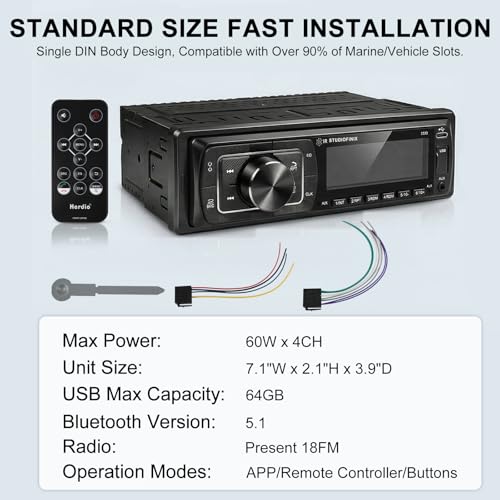 STUDIOFINIX Single Din Bluetooth 5.1 Marine Car Stereo Receiver, 240W Audio Head Unit with IR & APP Control, FM/AM Radio, Built-in Mic & EQ, USB/SD/AUX/MP3 for 12V Car Truck RV ATV UTV Boat (Black)