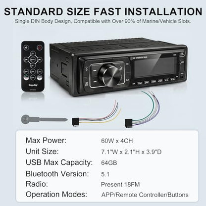 STUDIOFINIX Single Din Bluetooth 5.1 Marine Car Stereo Receiver, 240W Audio Head Unit with IR & APP Control, FM/AM Radio, Built-in Mic & EQ, USB/SD/AUX/MP3 for 12V Car Truck RV ATV UTV Boat (Black)