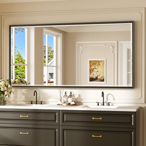 Keonjinn 72" x 36" Large Black Bathroom Vanity Mirror, Brushed Black Framed Mirror for Wall, Tempered Glass with Beveled Edge, Sculpted Aluminum Alloy Frame, Oversized Bathroom Mirrors for Over Sink - color: Black, size: 36"L x 72"W