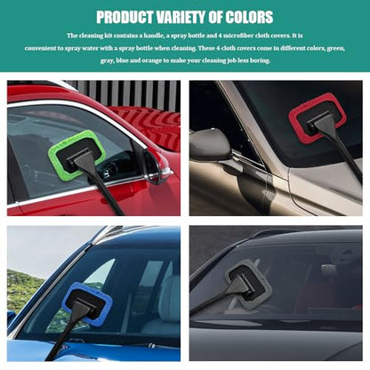 Car Windshield Cleaning Tool, Windshield Cleaner, Car Window Cleaner with 4 Washable and Reusable Cloth Pad & Long Handle, Car Accessories Auto Inside Glass Wiper Kit Universal for All Vehicles