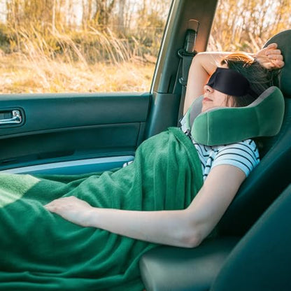 urnexttour Travel Pillow and Blanket Set Neck Pillows Travel Essentials with Sleep Mask for Airplane Car Memory Foam Green - color: A-green
