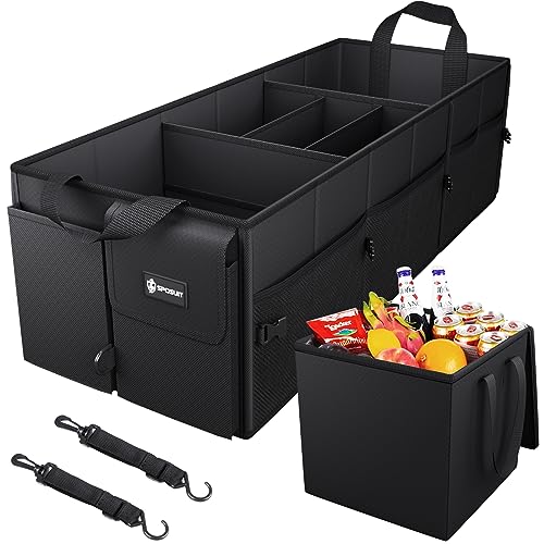 Sposuit Trunk Organizer with Insulated Leakproof Cooler Bag, 98L Collapsible Car Storage Large Trunk Organizer for Car SUV Van with Removable Dividers & Adjustable Securing Straps - color: Black, size: Large Trunk Organizer With Cooler