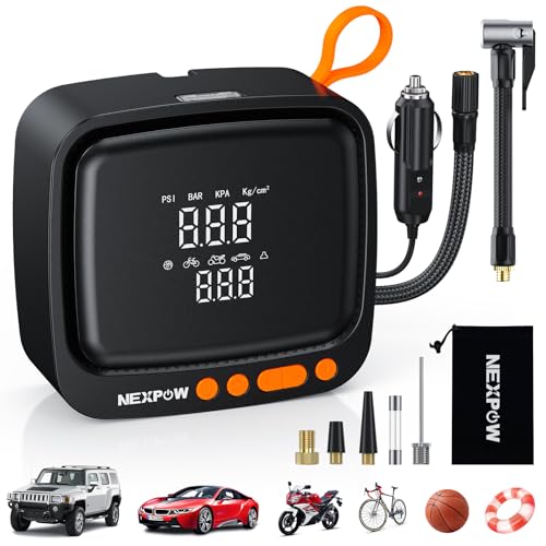 Tire Inflator Portable Air Compressor, NEXPOW 150PSI 12V DC Air Pump with Dual Digital Pressure Gauge & Auto Shut-Off, Air Compressor Portable with LED Light for Car, Motorcycle, Bicycle, Ball, Orange - color: Orange, size: Corded 150 PSI
