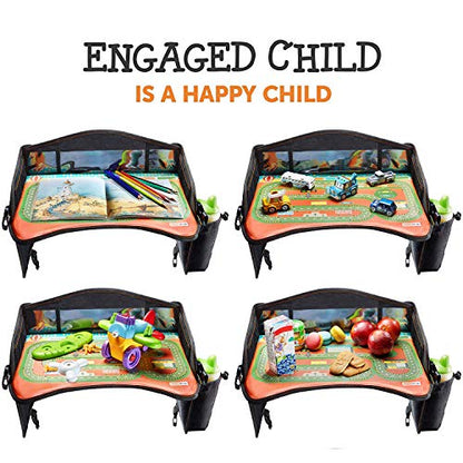 Coolmum Kids Travel Tray, Toddler Car Seat Tray, Double Sided Activity Organizer, Snack Lap Tray, Baby Stroller Table, Airplane Play Table, Waterproof and Foldable (Premium Black) - color: Premium Black