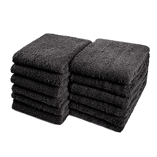 Cotton Towels for Multiple Use, 100% Ring Spun Cotton Towel Set, Heavy Duty - Super Absorbent Cleaning Towels for Car and Home - 16” X 27” (12 Pack, Black) - color: Black