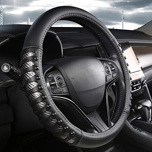 West Llama Microfiber Leather Car Steering Wheel Cover for Men Women,Universal Fit 14.5-15 inch(Leather Nails-Gray+Black-Standard Size) - color: C-Silver+Black, size: Standard size (14 ½''-15'')