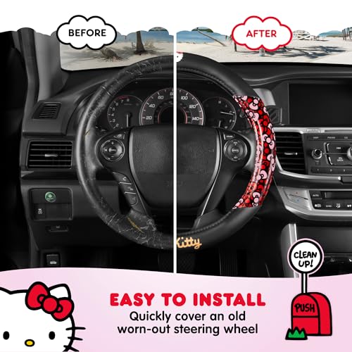 Hello Kitty Steering Wheel Cover, Official Sanrio Car Steering Wheel Cover with Universal Size 14.5-15.5, Cute Black for Women, Hello Kitty Car Accessories (Hello Kitty Bows) - style: Hello Kitty Bows