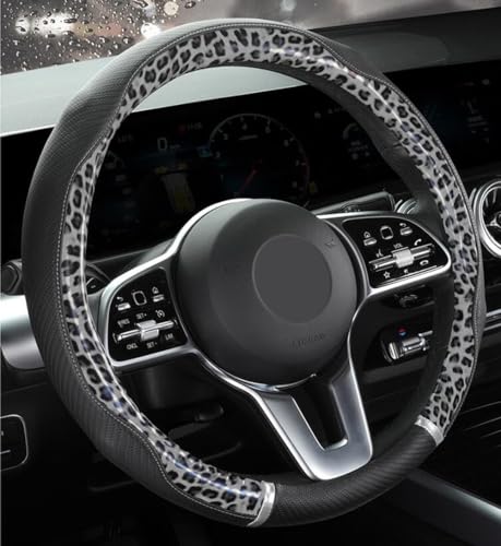 Peach Wood Grain Steering Wheel Cover Anti-Slip Breathable Durable Leather Four Seasons Universal 15 Inch Car Wrap Cover (Leopard-Gray) - color: Leopard-Gray