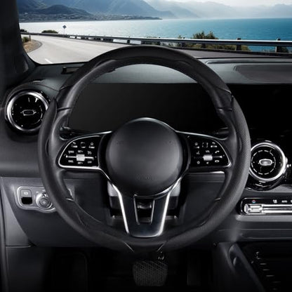 Nappa Leather Car Steering Wheel Cover for Men Women, Ultra-Thin Non-Slip Breathable Microfibre, Universal for 14.5"-15" Steering Wheel - Black - color: Black