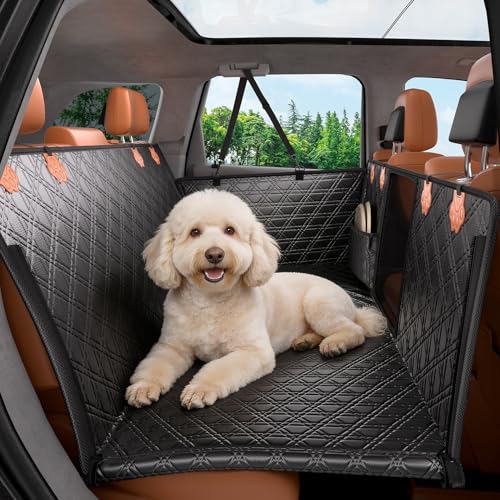 JOYTUTUS Back Seat Extender for Dogs, PU Leather Dog Car Seat Cover for Back Seat with Hard Bottom, Dog Hammock with Mesh Window, Dog Car Seat Cover for Sedans SUVs Small Trucks, Holds 440 lbs - color: Black&Orange, size: For Sedan/SUV/Small Truck