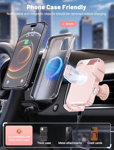 Wireless Car Charger, MOKPR Auto-Clamping Car Mount 15W/10W/7.5W Fast Charging Air Vent Car Phone Mount Compatible with iPhone 15/14/13/13 Pro/12 Pro Max/12 pro/12/11/10 Series, Samsung Galaxy Pink - color: Pink
