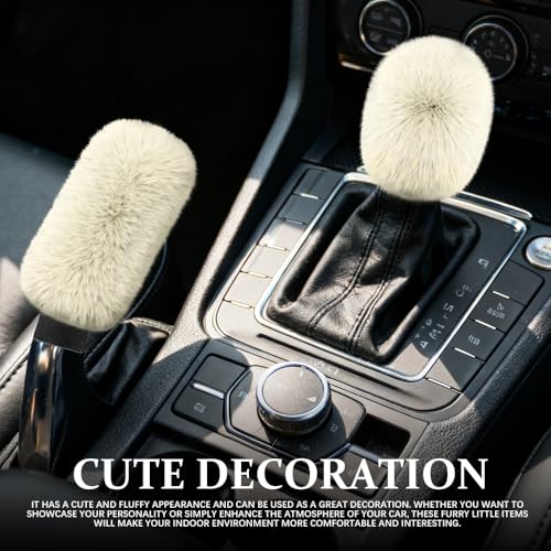 2PCS Plush Car Gear Shift Knob Cover & Handbrake Cover, Shift Knob Protector, Soft Fluffy Gear Handbrake Protective Sleeves, Shifter Lever Brake Handle Warm Plush Set for Cars (Beige) - color: Beige