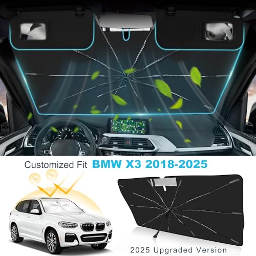 Windshield Sun Shade Umbrella Custom Fit for BMW X3 2018-2025 Foldable UV Protection Car Cover, Emergency Rain Shield & Dashboard Protector - Durable Auto Accessory - size: For BMW X3 2018+